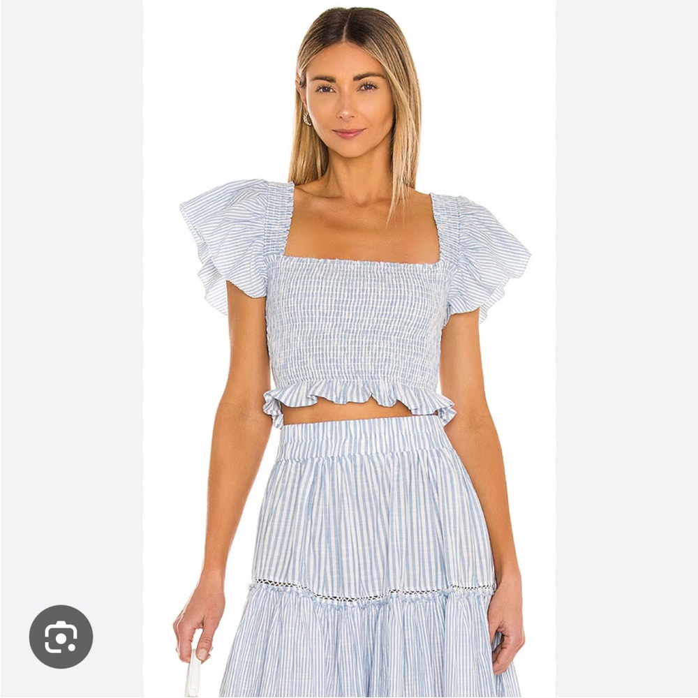LoveShackFancy Wallace Smocked Crop Top - Light Blue & White